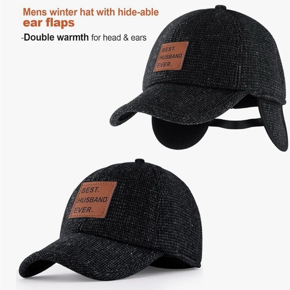 NWOT-Winter Men’s Gray Cap with Ear Flaps & 'Best Husband Ever' Patch. - Picture 3 of 4